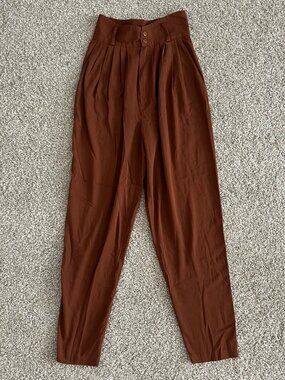 80s Vintage High Waist Terracotta Brown Tapered Leg Trousers Pleated Size XS